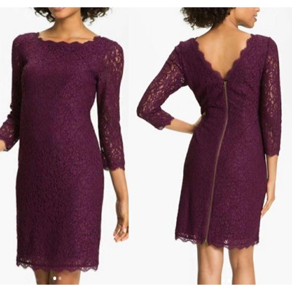 Diane von Furstenberg Zarita Boat Neck Long Sleeve Lace Sheath Dress Purple 8